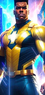 Heroic figure in gold and blue suit with city backdrop and electric aura.