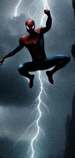 Superhero poised heroically amidst flashing lightning in a dramatic scene.