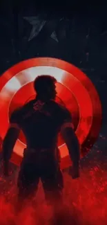 Silhouette of a hero in front of a red shield with a dark background.