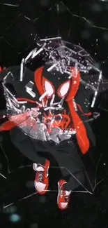 Superhero bursts through shattered glass in dynamic red and black design.