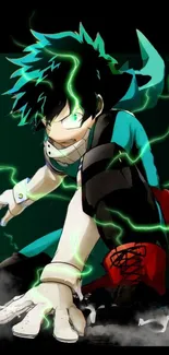 Anime hero in dynamic pose with green energy aura.