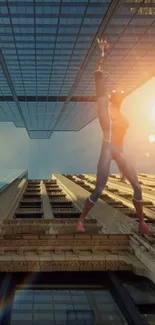 Superhero flies through city skyscrapers with sunlight overhead.