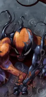 Dynamic superhero in comic art style under rain.