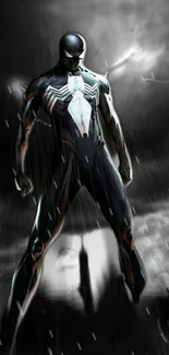 Imposing superhero stands in rain-soaked cityscape with dramatic contrast.