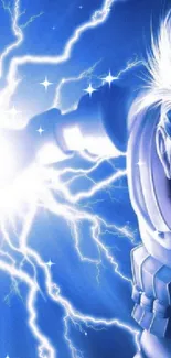 Anime character with lightning powers against a blue background.