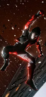 Silhouetted superhero in action with red highlights against a city nightscape.