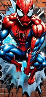 Dynamic Spider-Man artwork on urban backdrop with vivid colors.