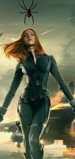 Dynamic red-haired heroine in action scene, holding dual weapons.