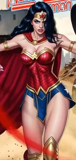 Illustration of a superheroine in action pose.