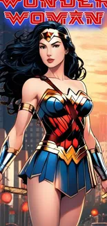 Wonder Woman animated wallpaper with city backdrop.