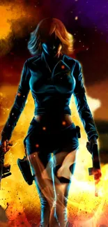 Silhouette of heroine in fiery, vibrant background.