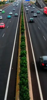 A vibrant urban highway with fast-moving traffic.