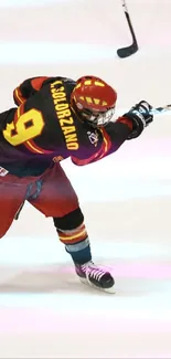 Hockey player in action on the ice, captured in vivid motion.