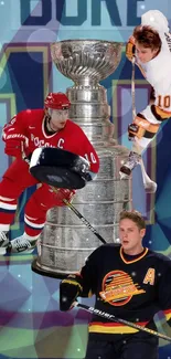 Dynamic hockey action wallpaper featuring players and the Stanley Cup.