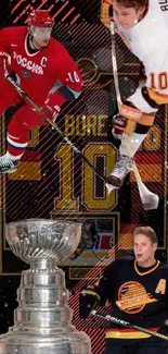 Dynamic hockey legends with trophy and vibrant background.