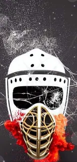 Dynamic hockey mask with vibrant red splash on black background.