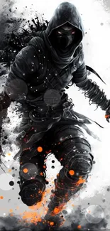 Hooded warrior in grayscale with orange accents on mobile wallpaper.