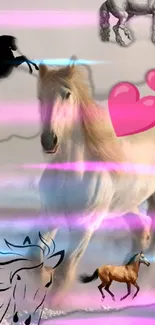 Fantasy horse mobile wallpaper with hearts and artistic elements.