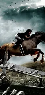 Horse and rider jumping over an obstacle under a dramatic sky.