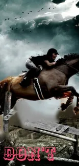 Action-packed horse jump scene under dramatic clouds.