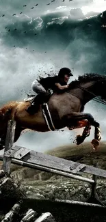 Horse jumping over a barrier against a cloudy sky.