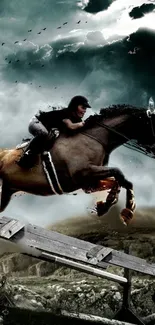 Horse and rider jumping over a fence under a dramatic sky.