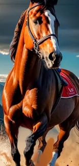 Majestic brown horse in motion against a vibrant sky, symbolizing freedom.