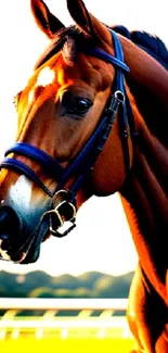 Vibrant brown racehorse in motion on a racing track mobile wallpaper.