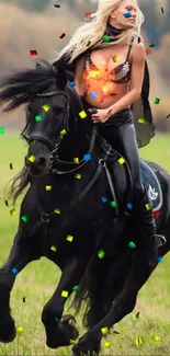 Woman riding a black horse on a green field background.