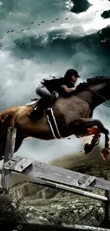 Horse jumping over a hurdle with dramatic sky background.