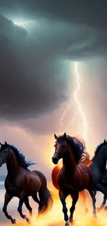 Galloping horses amid a dramatic thunderstorm with lightning.