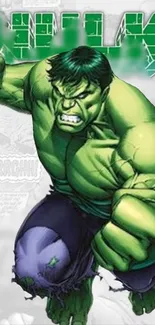 Hulk in action pose on comic-themed mobile wallpaper.