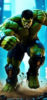 Epic Hulk in city mobile wallpaper with vibrant colors.