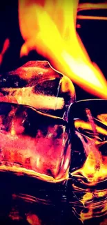 Ice cubes with a fiery background creating a vibrant contrast.