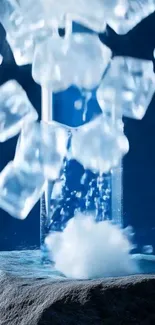 Ice cubes and water in motion with blue background.