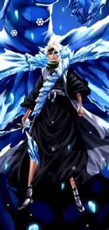 Anime character with ice dragon background in vivid blue tones.