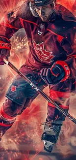 Ice hockey player in red gear, dynamic action.