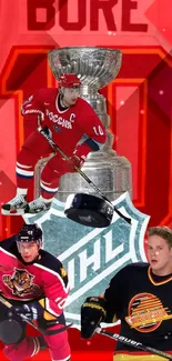 Dynamic ice hockey wallpaper with players and Stanley Cup.