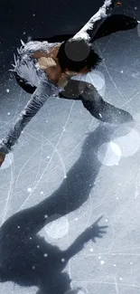 Figure skater in dynamic pose with shadow on ice rink.