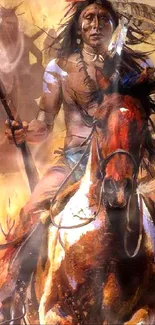 Indigenous horseman with vibrant motion and earth tones.