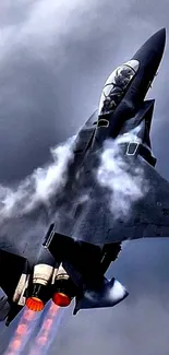 Jet fighter ascending with a dramatic sky backdrop.