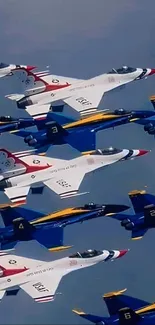 Fighter jets in synchronized aerial display formation.