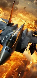 Jet flying through fiery orange sky in dynamic wallpaper.