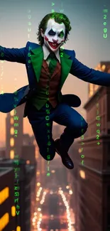 Joker jumping over a cityscape, vibrant colors.