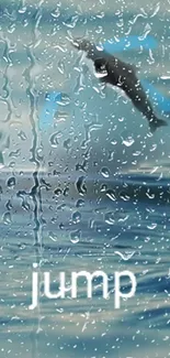 Dolphin jumping through raindrops on ocean wallpaper.