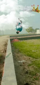 Energetic jump with crown and clouds in a grassy park setting.