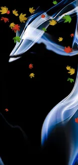 Dynamic mobile wallpaper with colorful leaves and smoke on a black background.