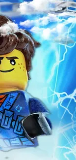 Lego character with blue lightning background, vibrant and action-packed.