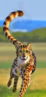 Dynamic leopard running through a green landscape.