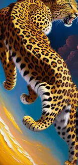 Leopard majestically leaping through a vibrant sky in artistic representation.